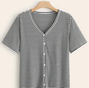 Shein V neck button down ribbed striped tee sz 3XL